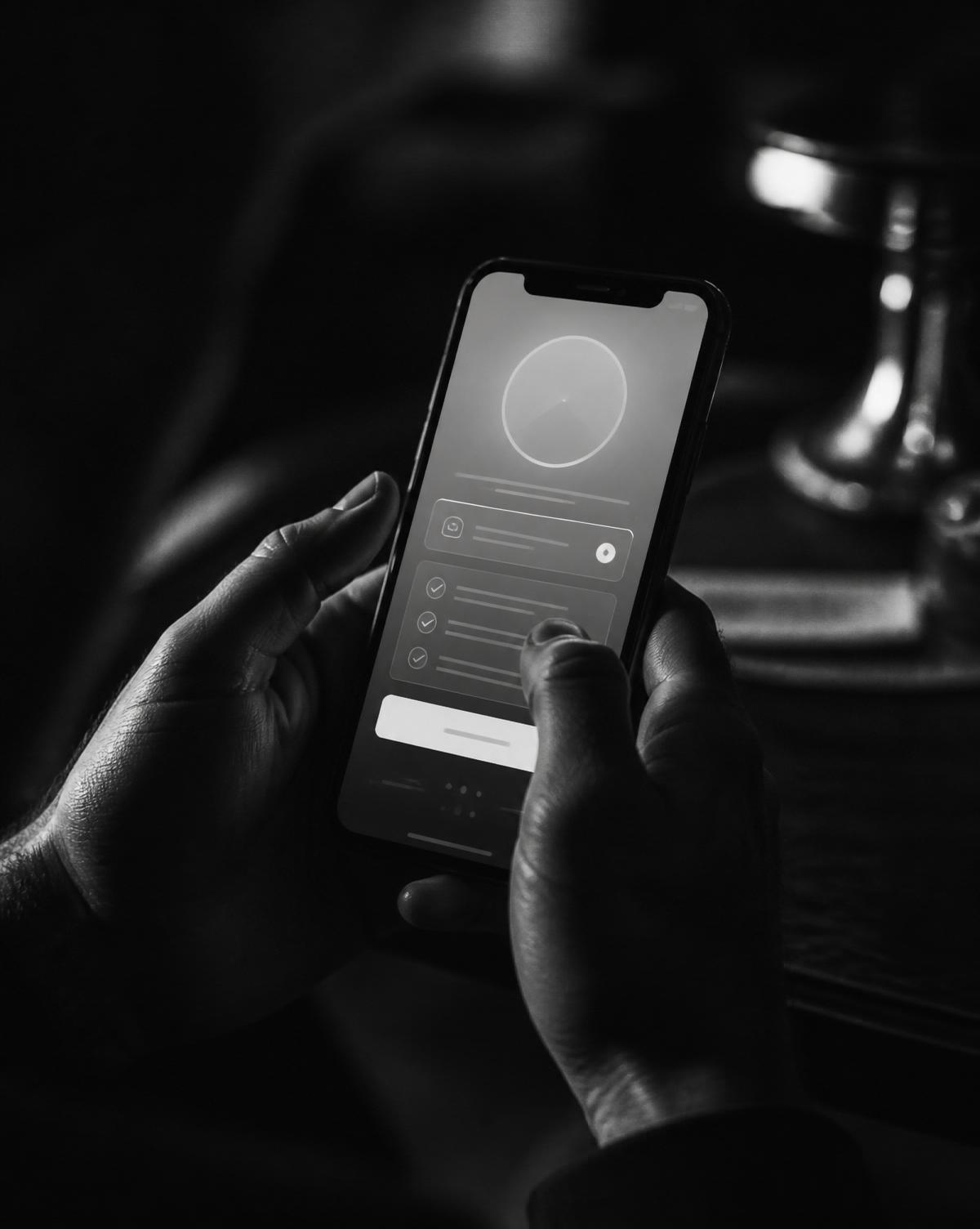 A founder operating a mobile device, photographed in low light