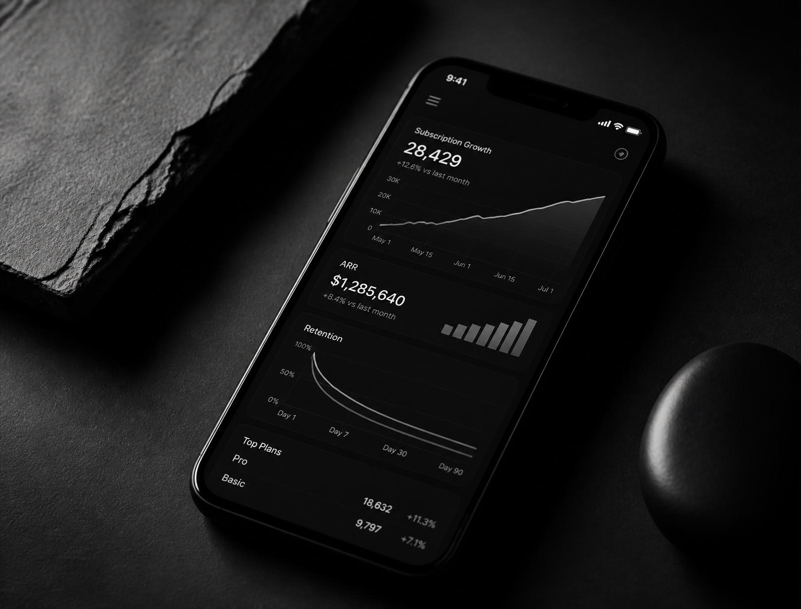 Subscription app dashboard photographed in a dramatic editorial still life
